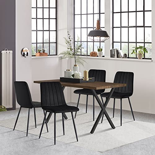 TUKAILAI Essgruppen Esstisch 120x80cm mit 4 Stühlen Set,Rechteckiger Küchentisch Holz mit X-förmige Metallbeine und 4er Set Samt Schwarz Esszimmerstühl für Küche Esszimmer Wohnzimmer (Tisch Braun)