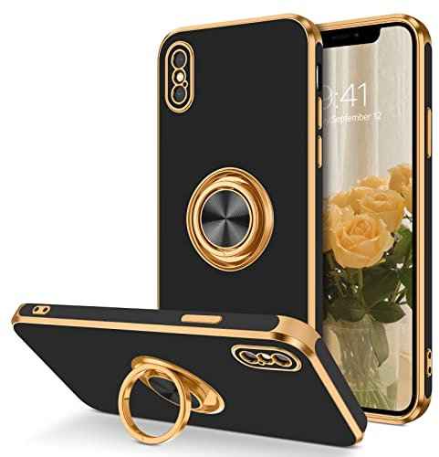 DOMAVER iPhone XS Case with 360° Ring Holder, Shockproof Slim Kickstand Magnetic Support Car Mount, Non-Slip Protective Phone Case for iPhone X/Xs 5.8, Black/Gold