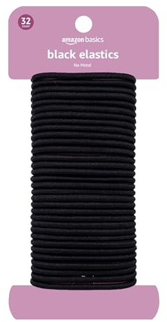 Amazon Basics No Damage Elastic Hair Ties, Ponytail Holders for All Hair Types, Snag-Free, Strong Hold, Black 4 MM, 32 Count
