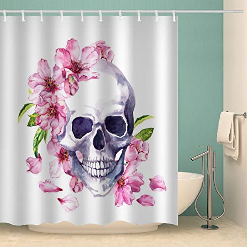 MOXINO Blumen Totenköpfe Duschvorhang Anti-Schimmel 180x180 cm Polyester Stoff Textil Waschbar Badvorhang 3D Böhmen Motiv Design Duschvorhänge Wasserdicht Badezimmer Vorhänge mit 12 Haken