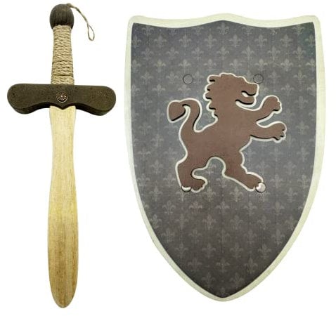 Mittelalter Holz Schild und Schwert mit Relief - Jungen und Mädchen - Für Kinder Mittelalter Kostüm, Ritter Kostüm, Geburtstagsgeschenk, Spielzubehör, Imitationsspiele, Holz Spielzeug (Braun, 30 cm)