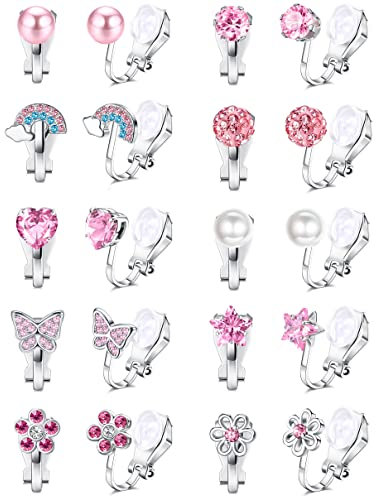 JeweBella 10 Paare Ohrclips Mädchen Kinder Niedlich Zirkon Perle Schmetterling Blume Rosa Clip On Ohrringe Set Hypoallergen Mehrfarbig Ohrclips für Ohne Ohrlöcher Schmuck für Damen Mädchen