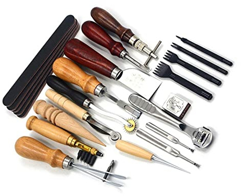 Leather Craft Kit 19Pcs Leather Sewing Tools Set with Stitching Groover & Skiving Knife, Professional Leather Working Kit for Beginners DIY Handmade Carving Repair