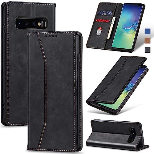 Jasonyu Handyhülle für Samsung Galaxy S10 Plus Hülle Leder Flip Klappbare Stoßfeste Magnetische Premium PU Leder Standfunktion Kartenfächern Schutzhülle Klapphülle für Samsung S10 Plus,Schwarz