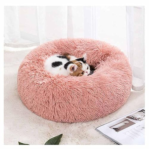 SHTGOI Haustierbett Lange Fauschiges Katzenbett Hundebett 50 cm Rund Katzenschlafplatz Waschbar Hundekissen Katzenkissen Weiches Plüsch Hundesofa für Kleine Mittelgroße Hunde und Katzen Pink Leder