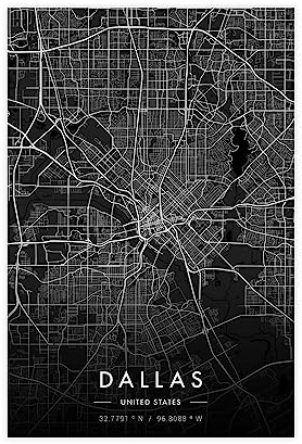 Dallas Stadtkarte, dunkles Poster, Leinwand, Poster, Wandkunst, Dekordruck, Bild, Gemälde für Wohnzimmer, Schlafzimmer, Dekoration, ungerahmt: 30 x 45 cm