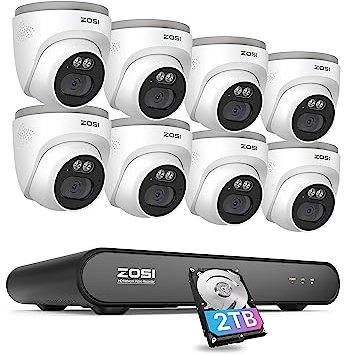 ZOSI 8CH 5MP PoE CCTV Camera System Outdoor Indoor, 2.5K 8 Channel H.265+ NVR with 2TB HDD and 8 X 4MP PoE Security Cameras, Smart Human Detection, Night Vision, Remote Access, 24/7 Recording