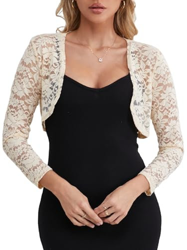 fuinloth Bolero Shrugs for Women Lace Cardigan Wedding Long Sleeve Elegant Apricot