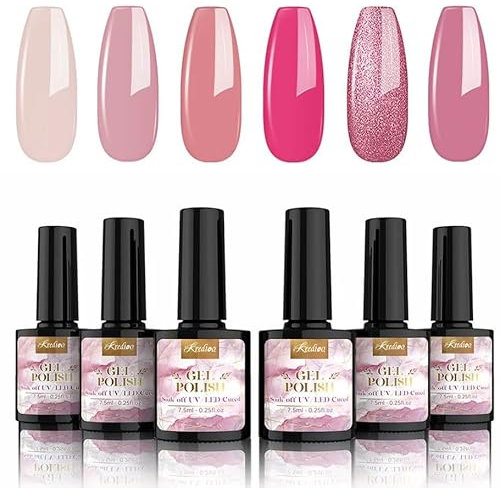 Pink Gel Nail Polish Set, Pink Confetti Gel Polish, Nude Pink Peach Color Soak Off UV/LED Gel Nail Varnish DIY Spring Summer Gel Nail Kit Gifts, 6PCS 7.5ML