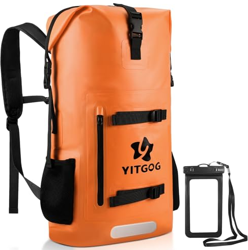 YITGOG Dry Bag - 30L wasserdichte Tasche mit Wasserfester Handyhülle, Ideale Rolltop Wasserdichter Packsack für Kayaking, Bootfahren, Schwimmen, Rafting, Wandern, Camping Dry Bag Rucksack (Orange)