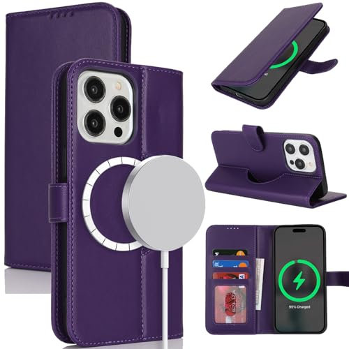 Zouzt Case for iPhone 15 Pro Max (6.7), [Compatible with MagSafe] Magnetic PU Leather Wallet Case with Card Holders and Kickstand, Wireless Charging Flip Folio Phone Cover - Dark Purple