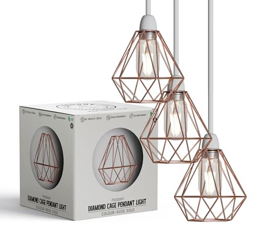 LEDSONE 3-Pack Modern Geometric Diamond Pendant Lampshades - Metal Wire Cage, Rose Gold, 14.5x20cm, Ideal for Living Room, Kitchen, Restaurant, Office