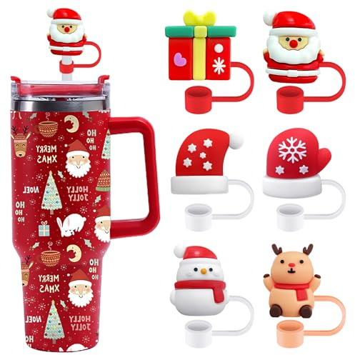 Stanley 6 Pcs Xmas Cup Accessories - Santa Straw Covers & Toppers for Water Bottles - Gift for Christmas Party