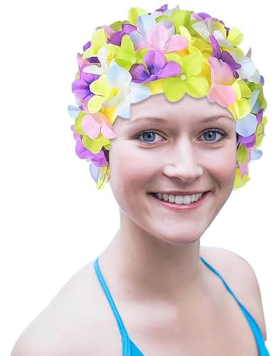 Lindos gorros de natación – Gorro de natación de flores vintage con pétalos florales | Gorros de baño retro para cabello largo y corto, sombrero de natación para piscina, playa vacaciones