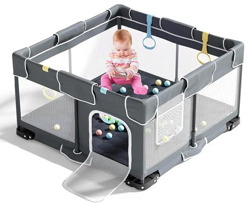 Corralito para bebés de 127 x 127 cm, juego suave para bebés y niños pequeños, tapete de juego para muebles de guardería de interiores y exteriores, tela de malla transpirable con anillos de dominadas