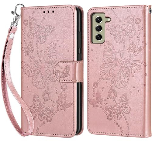 KENHONER Handyhülle für Samsung Galaxy S21 FE 5G Hülle, Roségold | PU Leder Flip, Klappbar, Stoßfest, Magnetisch, Standfunktion, Kartenfächer, Retro Design, Handgelenkband