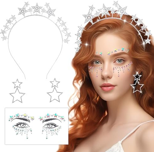 BOYATONG Stern Kostüm Karneval Damen, Fasching Haarreif Sterne + Ohrringe + Sternen Gesichtstattoo für Damen Mädchen, Star Glitzer Kostüm Karneval Accessoires