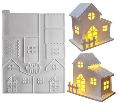 Silikonformen Gießformen Häuser, Silikonform Haus, Silikonform Weihnachten Häuser, 3D Lichthäuser Silikonform, Lichterhaus Gießformen Silikon, Giessformen Silikon für DIY Lichterhaus Kerzenhalter (I)