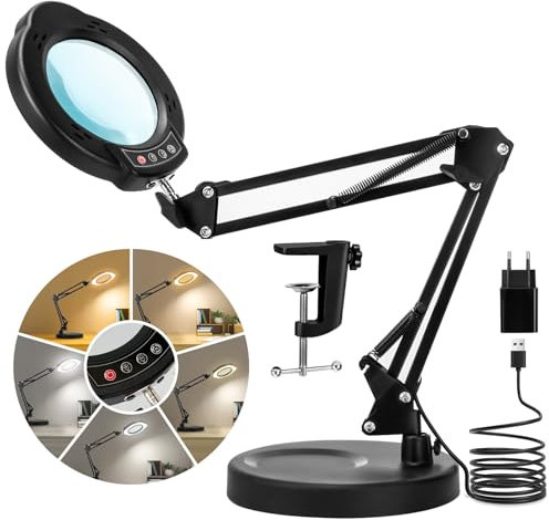 LED Lupenleuchte, 10X Lupe mit Licht 5 Farbmodi Stufenlos Dimmbar, LED Beleuchtete Lupe mit Licht und Klemme Ständer, Hände Frei für Handwerk Malerei Schließen Arbeit Lesen Basteln