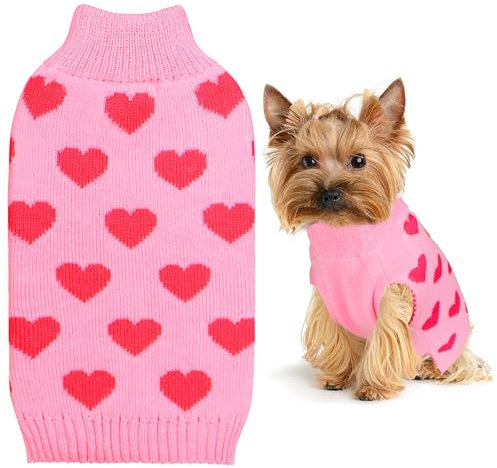 GOYOSWA Hundepullover zum Valentinstag, Hundekleidung, gestrickter Herzpullover für kleine, mittelgroße und große Hunde (Rosa, Größe S)