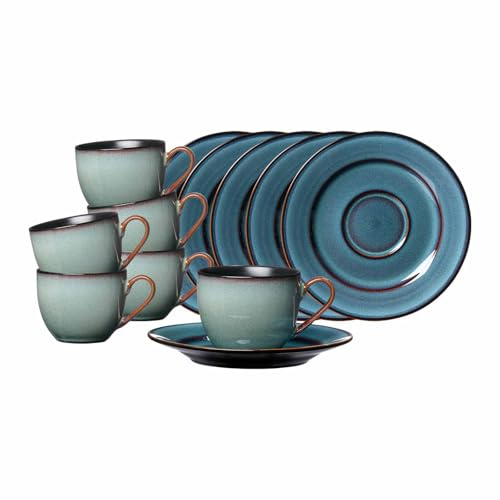 Ritzenhoff & Breker Bali Espressotassen mit Untertassen 6er Set, 90 ml, Tassen-Untertassen-Set für 6 Personen, Skandinavisches Design mit Reaktivglasur, Steinzeug, Blau