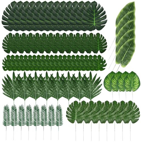85 Stück Blätter Deko, 8 Arten Kunstblätter Tropische Palmblätter Monstera-Blätter, Künstliche Blätter für Karnevalskostüm Party, Dschungel Geburtstag Dekoration