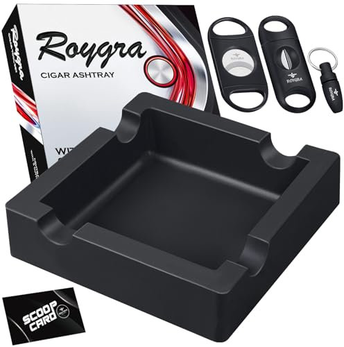 roygra Cenicero de cigarros para exteriores con 3 cortadores de puros para todos los puros, bandeja de silicona irrompible de calibre grande con 4 reposos para patio, exterior, interior, decoración