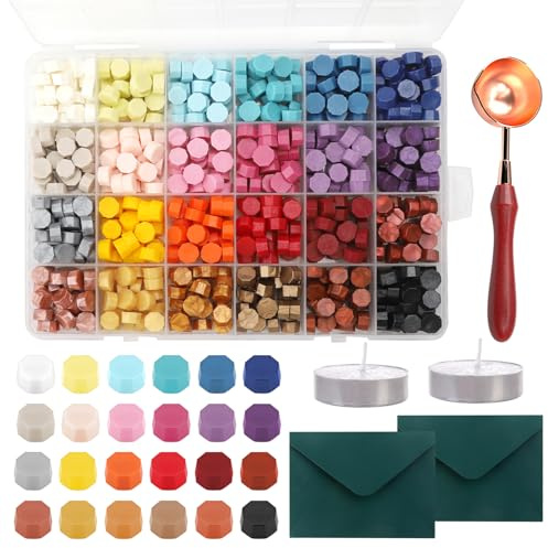 HENGBIRD Siegelwachs Set, 600 Stück Siegellack Perlen mit 2 Kerzen 2 Briefköpfe 1 Schmelzlöffel, 24 Farben Siegelwachs Perlen für Wachssiegel Stempel Umschlag Brief Papier Karte Postkarte Umschlägen