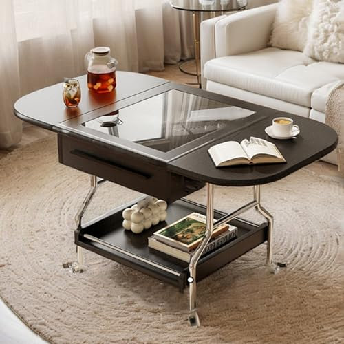 EWMTDTLX Mesas de Centro Plegables de 2 Pisos con Cristal Templado Mesa Centro Mid Century Vintage Mesa Extensible con 2 Tableros Plegables, para Oficina Salón Dormitorio(Style 1)