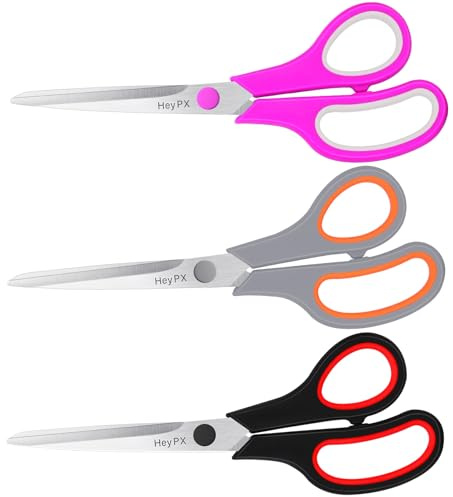 HeyPX 3-Pack 8.5 Ultra Sharp Stainless Steel Scissors - Premium All Purpose for Office, Crafts, Sewing, Home & School | Comfort-Grip Ambidextrous (Left & Right Handed)