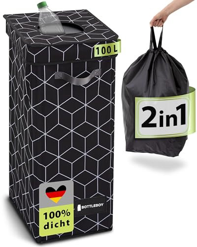 BOTTLEBOY Pfandflaschen Sammelbehälter - inkl. XXL-Tasche 100 L - Geruchsdichter Flaschensammler Leergut - Extra schmaler Pfandflaschen Behälter - Premium Magnet Pfandbehälter (Schwarz-Weiß)