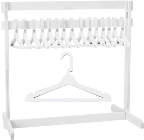 UNICRAFTALE High Mini Dolls Garment Rack with 15Pcs Wooden Clothes Hanger Small Dolls Clothes Rack White Mini Doll Closet Doll Clothes Storage Dollhouse Furniture for Dollhouse Cat and Puppy 30cm