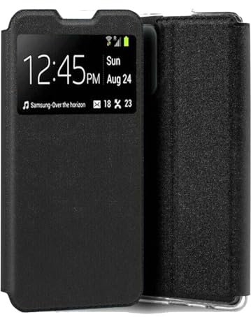 Movilear Funda Carcasa Libro Tapa Soporte con Ventana Flip Cover para Samsung Galaxy A12 4G / A12 5G, Color Negro, Polipiel y Silicona TPU de Alta Resistencia FTAP
