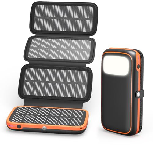 Batterie externe solaire 10 000 mAh – Chargeur portable à charge rapide 15 W avec 4 panneaux solaires – Batterie USB C In/Out avec lampe de poche LED pour iPhone 16/15/14/13 Galaxy et camping en plein