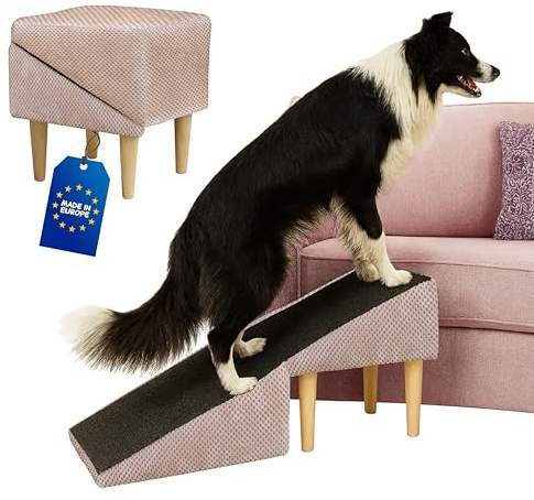 Outentin Hundetreppe klappbar – Hunderampe für Sofa & Bett, 36 cm hoch | Punktmuster Rosa – rutschfeste Haustiertreppe, weich & stabil, für kleine & große Hunde