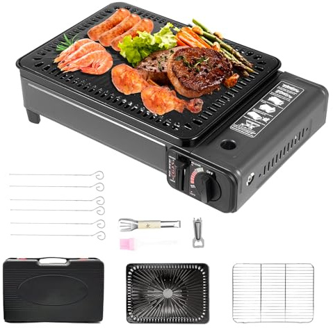 Set 2 in 1, barbecue a gas da campeggio, da campeggio, da balcone, fornello da campeggio, con griglia e piastra, per esterni, picnic, barbecue