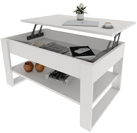möbelkap Couchtisch mit anhebbarer Platte | Höhenverstellbarer Wohnzimmertisch mit Stauraum | Weißer Sofatisch modern mit Ablage & verstecktem Fach – Coffee Table für Wohnzimmer & Büro