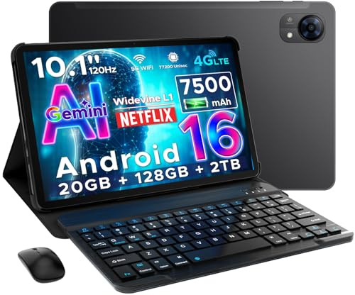 DOOGEE Tab G5 Android 16 Tablet mit Tastatur Gemini AI Tablet 10 Zoll 20GB + 128GB, 7500mAh Akku T7200 Octa Core 8mm Ultradünn Android Tablets mit SIM Card Slot 4G LTE Widevine L1/ Stift/Maus/Hülle