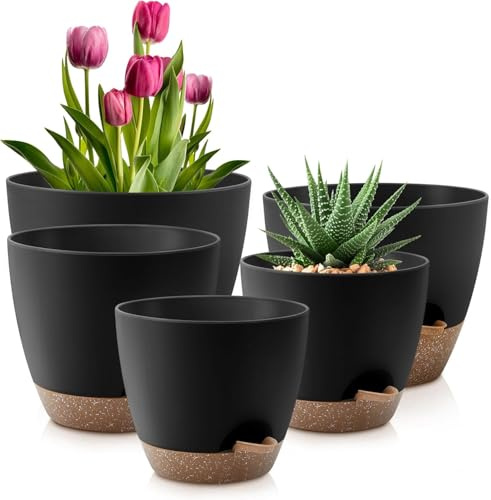 LATERN 5Pcs Self Watering Plant Pots, 18/16.5/15/13.5/12CM Plastic Flower Pot Garden Plant Container with Drainage Hole and Large Capacity Reservoir, Pot for Aloe Herb Orchid Succulent Bonsai Plants