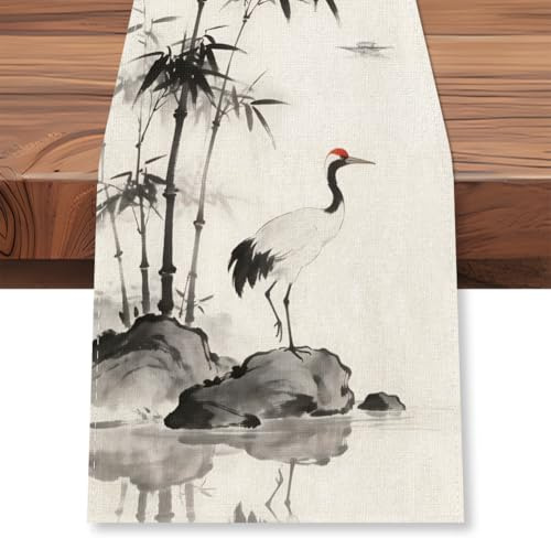 WADORN Asiatischer Bambus Tusche Malerei Tischläufer 33x183cm Traditioneller Chinoiserie Bambus Küche Esszimmer Tisch Dekor Orientalischer Zen Stil Kunst Waschbare Essens Einstellung Für Zuhause Party