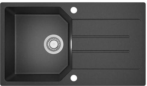 Küchenspüle Schwarz 78x45 cm, Granitspüle für Unterschrank ab 45 cm | Quarzkomposit, 12 mm Bodendicke zur Geräuschreduzierung, Multidirektionale Montage, Ausschnittsmaß 76 x 43 cm