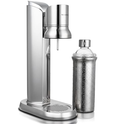 KLAMER Wassersprudler Edelstahl, 650 ml Glasflasche, 0,65 Mpa | One-Touch-Bedienung, Spülmaschinengeeignet, Abtropfschale, CO2 Zylinder 60mm kompatibel
