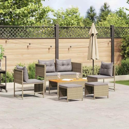 mzdioop Ensemble de canapé de jardin avec coussins, beige, gris clair, en polyrotin, résistant aux intempéries, pour terrasse, balcon, avec table, fauteuils, repose-pieds et bois d'acacia de qualité