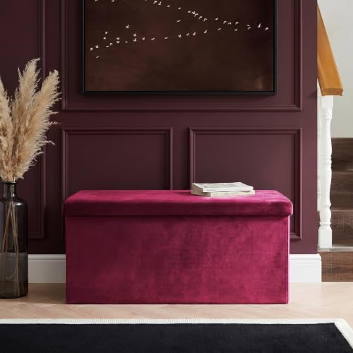 OHS Storage Ottoman Rectangle Matte Velvet Folding Bench with Lid, Berry