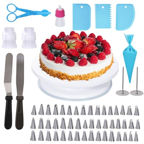 Uten Boquillas para Manga Pastelera, 62 Kit Equipo de Decoración de Pasteles 48 PCS Boquillas, 2 Manga, 5 Espátulas, 1 Giratorio Tartas Placa, Boda Cumpleaños Accesorios Decoracion Pasteleria
