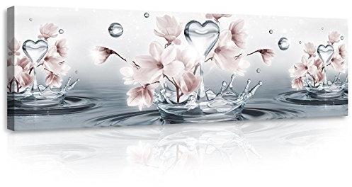 Forwall - Leinwand Bilder - Magnolie Blumen Wassertropfen Herz - 145x45 cm Leinwandbilder - Bild auf leinwand - Wandbild XXL groß Wandbilder für Wohnzimmer Schlafzimmer Wohnzimmerbilder Modern