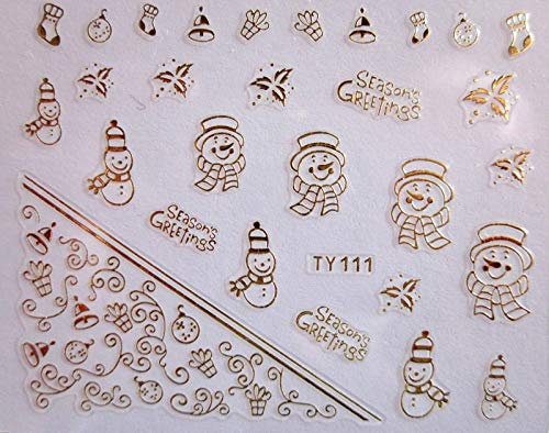 Nail Art 3D Stickers - Christmas Gold & Silver (TY111 Gold Snowmen Bells Baubles)