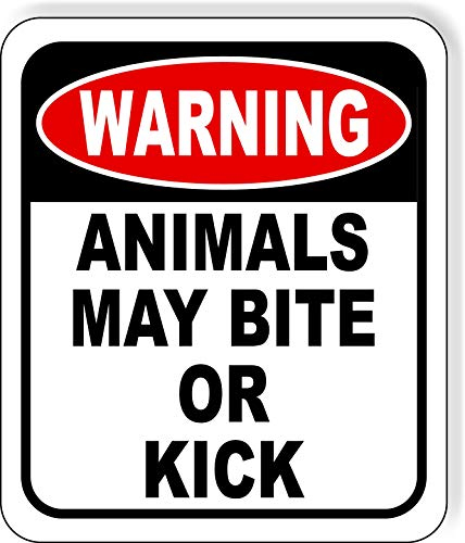 Warnschild mit Aufschrift Warning Animals May Bite Or Kick Outdoor aus Aluminium – Warnschild – Pferdesachen – Tier- und Pferde-Warnschild – Reitergeschenke – Pferdedekoration – Pferdestall –