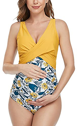 SUMMERSUNSHINE Maillot de bain une pièce de maternité croisé sur le devant - Maillot de bain de grossesse - Bikini de maternité, Motif fleurs Jaune, XX-Large