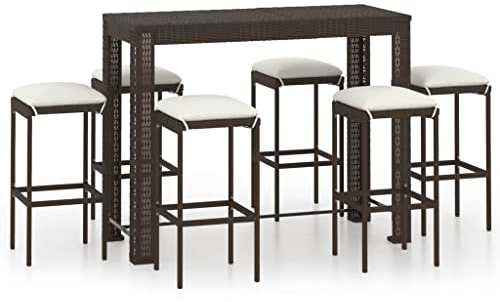 vidaXL Gartenbar Set 7-TLG. mit Kissen Theke Bar Tresen Gartentheke Bartisch Stehtisch Barhocker Barstuhl Gartenmöbel Poly Rattan Braun
